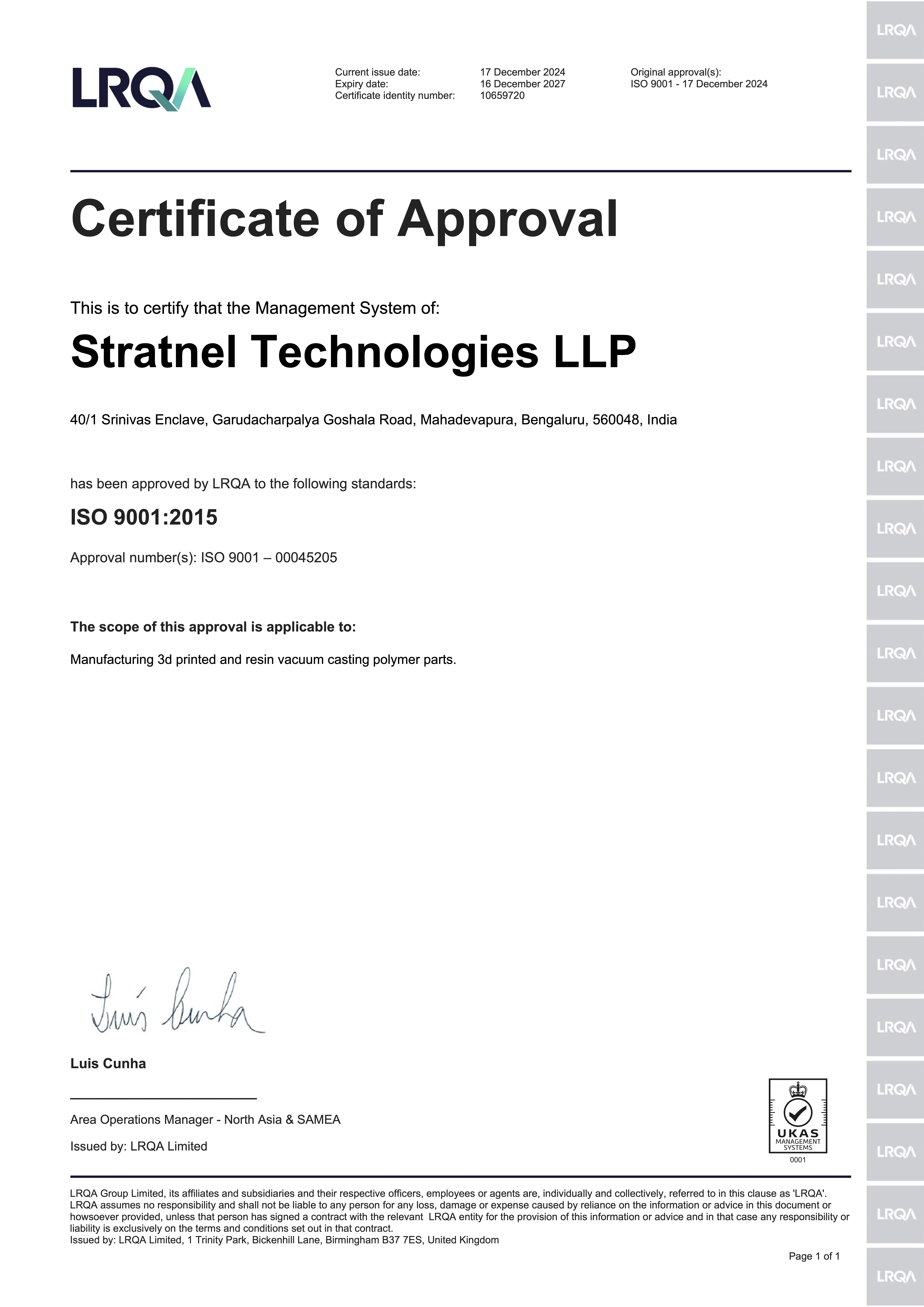ISO 9001:2015 Certificate — Stratnel Technologies LLP